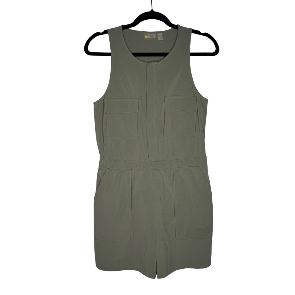 Zella Olive Green Zip Front Sleeveless Utility Athletic Romper Pockets Sz M